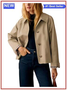 Plaid Lined Trench Jacket Button Front Lightweight Casual